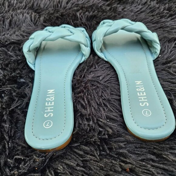 SHE&IN Women Sandal Blue Flat Shoe Faux Leather Shoes Size 7 - Picture 8 of 11